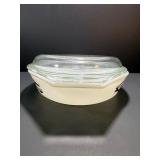 RARE Vtg 1958 Pyrex 1.5 Qt Opal Glass Oval Divided Casserole Dish #0503 "Barbed Wire" Promo w/ Lid