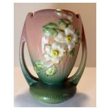 Vintage Roseville Pottery "White Rose" Handled Vase 983-7, Pink & Green, Mid-Century 1940s Art Deco