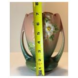 Vintage Roseville Pottery "White Rose" Handled Vase 983-7, Pink & Green, Mid-Century 1940s Art Deco