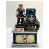 Vintage Cast Iron "Full Service" Mechanic & Car Mechanical Bank Collectible