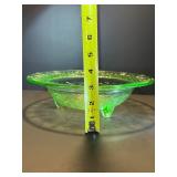VINTAGE URANIUM VASELINE GLASS 3-FOOTED BOWL Glows UV Light GREEN DEPRESSION ERA