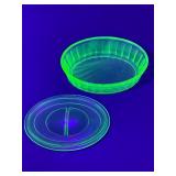 Vibrant Depression Era Uranium Glass | Covered Butter Dish & Divided Relish Set | Glows Green Under Blacklight