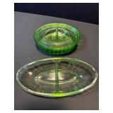 Vibrant Depression Era Uranium Glass | Covered Butter Dish & Divided Relish Set | Glows Green Under Blacklight