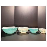 RARE & HIGHLY COLLECTIBLE VINTAGE PYREX: Complete set of four Turquoise "Amish Butterprint" Cinderella Mixing Bowl Set (1957-1968)