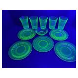 Rare 11-Piece Vintage Anchor Hocking "Block Optic" Green Uranium Depression Glass Set - Glows Under Blacklight!