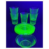 Rare 11-Piece Vintage Anchor Hocking "Block Optic" Green Uranium Depression Glass Set - Glows Under Blacklight!