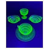 Vibrant Vintage URANIUM/Vaseline Glass 5-Piece Lot: Glows Bright Green under UV Light! (Depression Era)