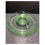 VINTAGE Depression Era Uranium Vaseline Glass Etched Console Bowl.
