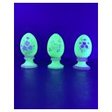 Set of 3 RARE Vtg FENTON Uranium Custard Satin Glass Hand-Painted Floral Eggs - Glows Bright Green! Artist Signed?