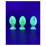 Set of 3 RARE Vtg FENTON Uranium Custard Satin Glass Hand-Painted Floral Eggs - Glows Bright Green! Artist Signed?