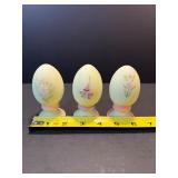 Set of 3 RARE Vtg FENTON Uranium Custard Satin Glass Hand-Painted Floral Eggs - Glows Bright Green! Artist Signed?