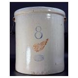 Rare Antique 8 Gallon Red Wing Union Stoneware Crock w/ Bail Handles & Large Wing Logo.