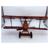 Large Vintage Hand-Carved Wooden Biplane Model | Folk Art WWI Red Baron Style | Brass Propeller | Metal Spoke Wheels & Rubber Tires