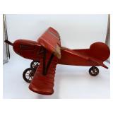 Large Vintage Hand-Carved Wooden Biplane Model | Folk Art WWI Red Baron Style | Brass Propeller | Metal Spoke Wheels & Rubber Tires