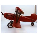 Large Vintage Hand-Carved Wooden Biplane Model | Folk Art WWI Red Baron Style | Brass Propeller | Metal Spoke Wheels & Rubber Tires