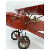 Large Vintage Hand-Carved Wooden Biplane Model | Folk Art WWI Red Baron Style | Brass Propeller | Metal Spoke Wheels & Rubber Tires