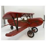 Large Vintage Hand-Carved Wooden Biplane Model | Folk Art WWI Red Baron Style | Brass Propeller | Metal Spoke Wheels & Rubber Tires