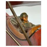 Large Vintage Hand-Carved Wooden Biplane Model | Folk Art WWI Red Baron Style | Brass Propeller | Metal Spoke Wheels & Rubber Tires