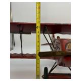 Large Vintage Hand-Carved Wooden Biplane Model | Folk Art WWI Red Baron Style | Brass Propeller | Metal Spoke Wheels & Rubber Tires