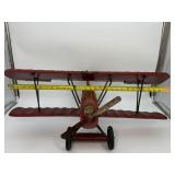 Large Vintage Hand-Carved Wooden Biplane Model | Folk Art WWI Red Baron Style | Brass Propeller | Metal Spoke Wheels & Rubber Tires