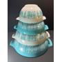 RARE &amp; HIGHLY COLLECTIBLE VINTAGE PYREX: Complete set of four Turquoise "Amish Butterprint" Cinderella Mixing Bowl Set (1957-1968)