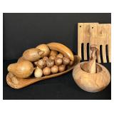 FR - Collection of Wooden Kitchenware Including 12-Inch Fruit Bowl, Mortar and Pestle, and Island Bamboo Salad Hands