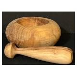 FR - Collection of Wooden Kitchenware Including 12-Inch Fruit Bowl, Mortar and Pestle, and Island Bamboo Salad Hands