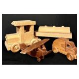 FR - Set of 3 Handmade Wooden Toy Vehicles: Plane, Tanker Truck and Delivery Van