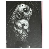 FR - Framed Jette Clark Otters Artwork Scratchboard Print
