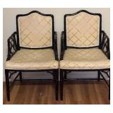 LL - Pair of Black Lacquer Faux Bamboo Chippendale Armchairs with Upholstered Cushions