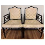 LL - Pair of Black Lacquer Faux Bamboo Chippendale Armchairs with Upholstered Cushions