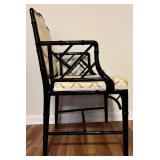 LL - Pair of Black Lacquer Faux Bamboo Chippendale Armchairs with Upholstered Cushions