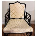 LL - Pair of Black Lacquer Faux Bamboo Chippendale Armchairs with Upholstered Cushions