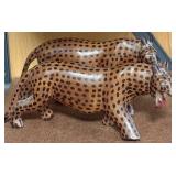LL - Pair of Hand Carved Wooden Leopard Figurines