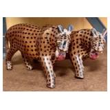 LL - Pair of Hand Carved Wooden Leopard Figurines