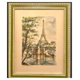 LL-FR - Vintage Hand-Colored Aquatint Print Eiffel Tower Paris Signed Gabrielle Ardant