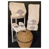 LL-FR - Bathroom Towel Set with Shell Design, Wicker Storage Basket, and Shelving Racks
