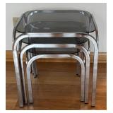 LR - Set of 3 Vintage Mid Century Chrome Nesting Tables with Smoky Glass Tops