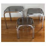 LR - Set of 3 Vintage Mid Century Chrome Nesting Tables with Smoky Glass Tops
