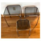 LR - Set of 3 Vintage Mid Century Chrome Nesting Tables with Smoky Glass Tops