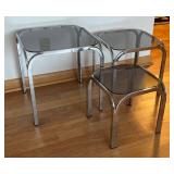 LR - Set of 3 Vintage Mid Century Chrome Nesting Tables with Smoky Glass Tops