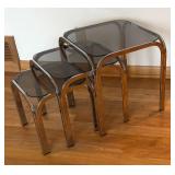 LR - Set of 3 Vintage Mid Century Chrome Nesting Tables with Smoky Glass Tops