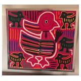 O - Vintage Mola Textile Tapestry with Birds in Floating Frame