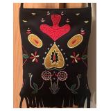O - Black Handbag with Colorful Embroidered Floral Design and Fringe