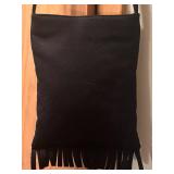 O - Black Handbag with Colorful Embroidered Floral Design and Fringe