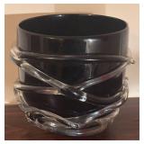 BR2 - Black Hand Blown Art Glass Bowl with Clear Twisted Design