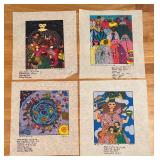 LR - Set of 4 Colorful Unframed Fabric Art Prints by Kiki 1990s