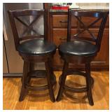 K - Pair of Swivel Barstools with Wood Frame and Black Cushioned Seats