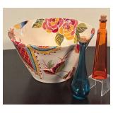 LR - Vida Eva Mendes Rose Print Bowl with 2 Decorative Glass Bottles