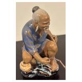 LR - Asian Mud Man Fisherman Figurine with Fishing Pole
